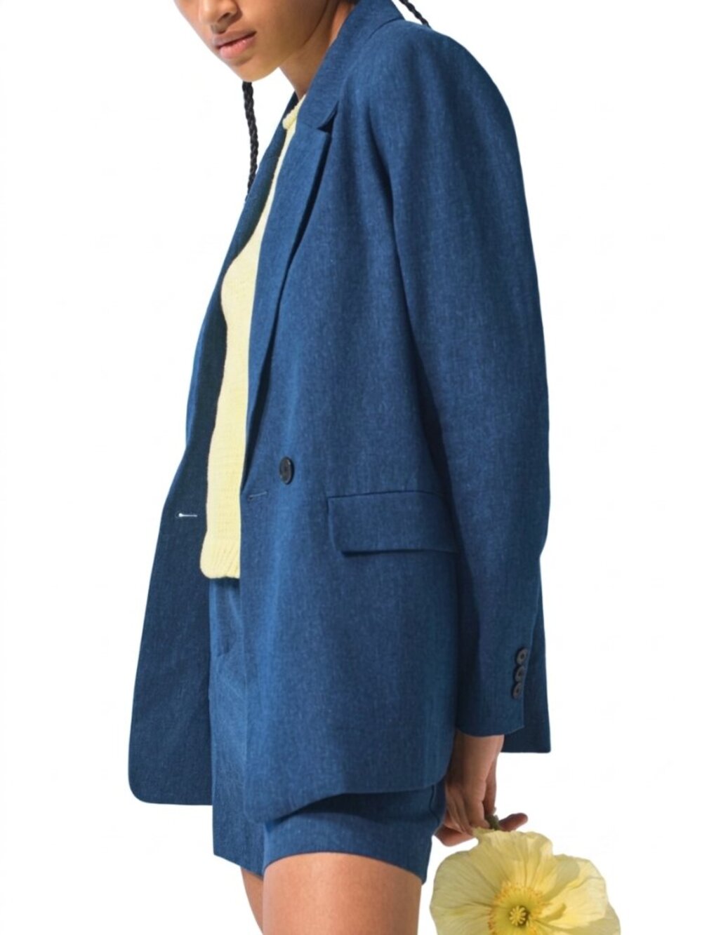 Banana Republic Boyfriend Fit Linen Blend Blazer Petite 12P Blue Double Breasted